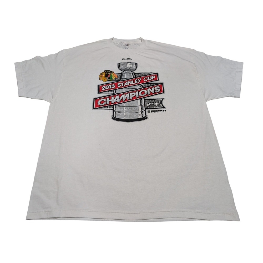 Reebok T-Shirt Mens 2XL White Chicago Blackhawks 2013 Stanley Cup Champions NHL